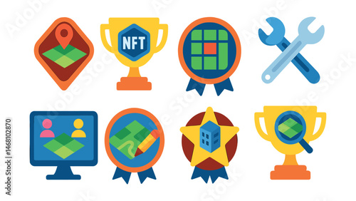 Flat vector icons of digital real estate: buy land parcel badge, land ownership NFT trophy, virtual zone map medal, parcel upgrade tools ribbon, co-owned real estate dashboard icon, terrain editing