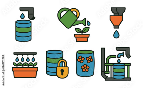 Flat vector icons of rainwater collection for balconies: mini rain barrel badge, watering can from collected rain badge, downspout adapter planner, rainwater drip system badge, storing rainwater