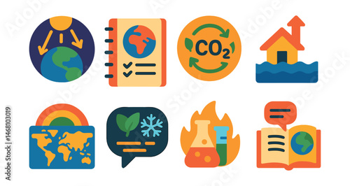 Flat vector icons of climate basics education: understanding greenhouse effect badge, learning about global warming planner, studying carbon cycle badge, visualizing rising sea levels badge, learning