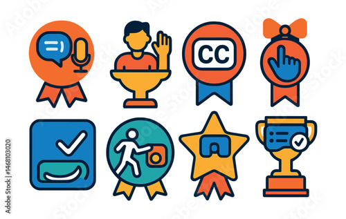 Flat vector icons of metaverse accessibility: voice-to-text badge, avatar gesture control trophy, subtitle overlay medal, one-handed navigation ribbon, motion sensitivity settings icon, visual aid