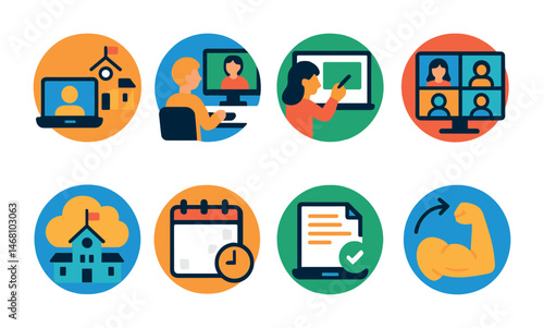 Flat vector icons of hybrid education models: combining online and offline classes badge, attending blended learning sessions badge, using interactive digital boards badge, participating in