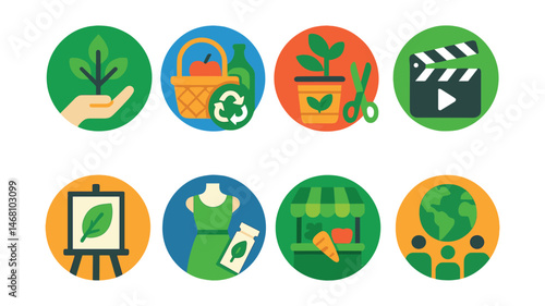 Flat vector icons of hosting green youth events: organizing tree planting days badge, planning zero-waste picnics badge, hosting upcycling competitions badge, arranging green film festivals badge,
