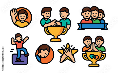 Flat vector icons of avatar interaction features: wave to user badge, handshake motion trophy, follow-me gesture medal, group photo pose ribbon, dancing animation picker icon, bow or nod selector