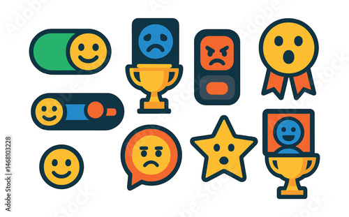 Flat vector icons of avatar emotion systems: happy face toggle badge, sad animation menu trophy, angry expression switch medal, surprised mood button ribbon, emotion slider bar icon, emotional status