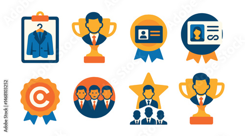 Flat vector icons of professional avatars: work outfit wardrobe badge, meeting-ready look trophy, business card display medal, avatar résumé link ribbon, corporate logo badge icon, profession-based