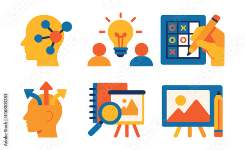 Flat vector icons of creative thinking exercises: mind mapping ideas badge, brainstorming creative solutions badge, practicing divergent thinking badge, playing creative games badge, sketching
