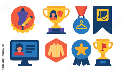 Flat vector icons of digital fashion education: fashion design masterclass badge, styling tutorial platform trophy, wearable trends course medal, pattern design quiz ribbon, avatar styling workshop