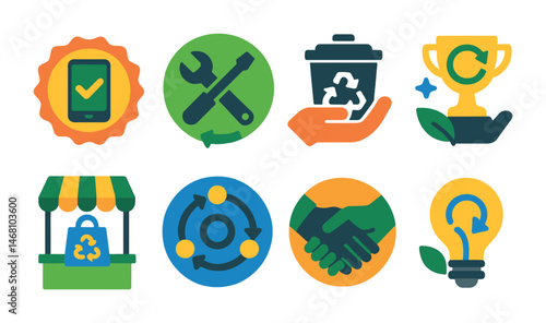 Flat vector icons of promoting circular economy: buying refurbished products badge, repairing instead of replacing badge, supporting recycling businesses badge, participating in circular design