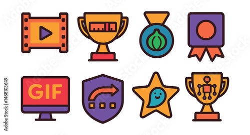 Flat vector icons of animation in digital art: frame-by-frame editor badge, timeline scrubber trophy, onion skin toggle medal, keyframe controller ribbon, looping GIF creator icon, motion tweening