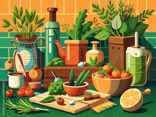 vector of Rural kitchen still life: Fresh herbs and cooking tools