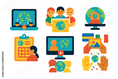 Flat vector icons of global virtual classrooms: joining global e-classrooms badge, participating in international student projects badge, learning about world cultures badge, practicing global