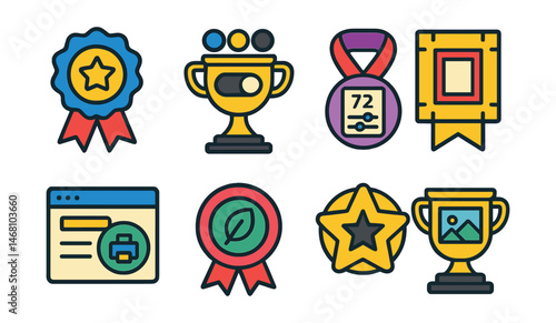 Flat vector icons of printing digital art: high-res export icon badge, CMYK preview toggle trophy, DPI settings panel medal, bleed margin view ribbon, printer profile selector icon, archival paper
