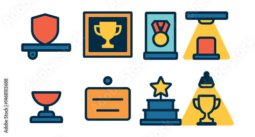 Flat vector icons of collector display: wall-mounted shelf badge, shadow box frame trophy, glass display case medal, LED showcase lighting ribbon, item stand holder icon, gallery label plaque badge,