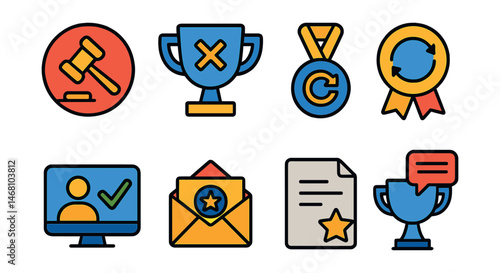 Flat vector icons of auction outcomes: sold hammer icon badge, unsold lot label trophy, second chance offer medal, high bid celebration ribbon, bidder award screen icon, winner’s confirmation email
