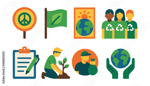 Flat vector icons of environmental activism: protest sign badge, green movement flag, climate strike poster, eco volunteers group, petition signing clipboard, reforestation project icon, clean-up