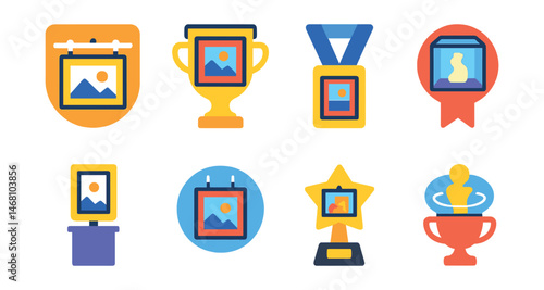 Flat vector icons of art display systems: hanging rail system badge, movable panel wall trophy, freestanding display block medal, glass showcase box ribbon, plinth with artwork icon, suspended frame