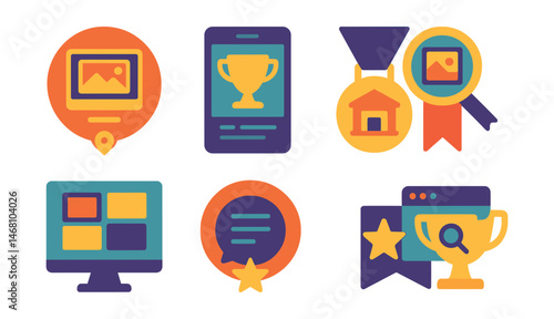 Flat vector icons of digital gallery integration: online gallery tour badge, mobile app interface trophy, virtual exhibit room medal, artwork zoom tool ribbon, digital curation platform icon, virtual
