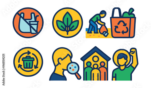 Flat vector icons of avoiding plastic pollution: refusing single-use plastics badge, supporting plastic-free initiatives badge, organizing beach cleanups badge, using reusable shopping kits badge,