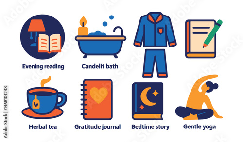 Flat vector icons of cozy evening routines: evening reading time badge, candlelit bath moment, cozy pajamas set, journaling before sleep, herbal tea moment, gratitude journal icon, bedtime story book