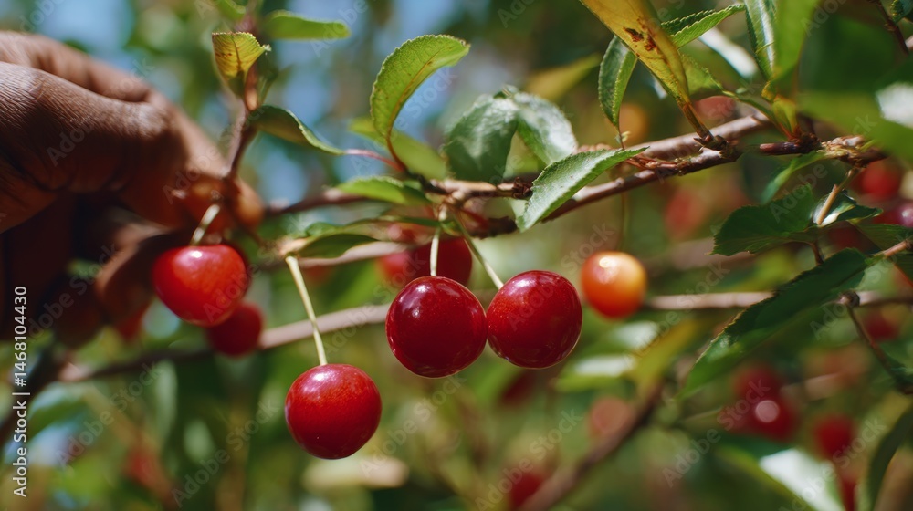 Vibrant red cherries hanging on a branch, ready to be picked during a sunny day. Vibrant red cherries hanging on a branch, ready to be picked during a sunny day.