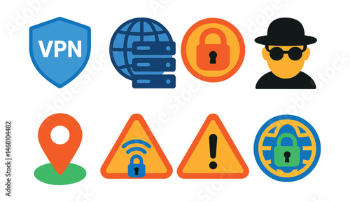 Flat vector icons of VPN and private browsing: VPN shield icon, VPN server globe, private browsing badge, anonymous browsing mode, location masking icon, secure Wi-Fi connection badge, open Wi-Fi