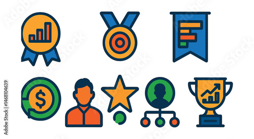 Flat vector icons of sales analytics: monthly revenue report badge, sales target achievement medal, top product sales trophy, sales pipeline dashboard ribbon, customer acquisition cost badge,