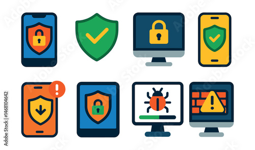Flat vector icons of device security: phone security app badge, antivirus protection icon, laptop lock screen, secure mobile device, security software update alert, tablet secure browsing badge,