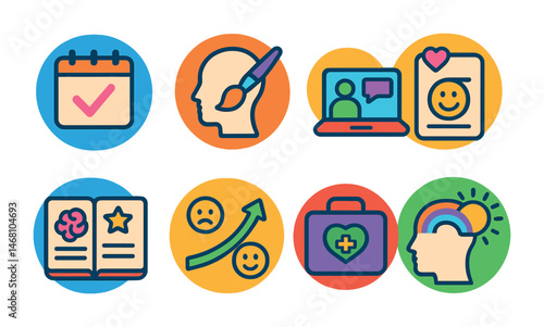 Flat vector icons of mental self-care routines: scheduling therapy sessions badge, practicing art therapy badge, joining mental health webinars badge, building positive affirmation routines badge,