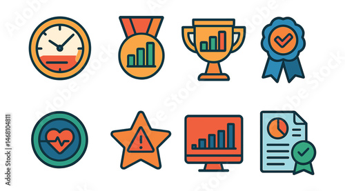 Flat vector icons of project analytics: project timeline tracking badge, resource allocation dashboard medal, budget vs actual costs trophy, project milestone analysis ribbon, project health score