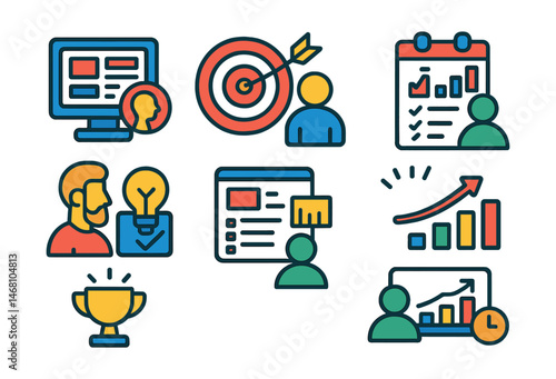 Flat vector icons of personalized learning paths: customizing learning dashboards badge, setting personal study goals badge, tracking individual progress badge, adapting resources to learning style