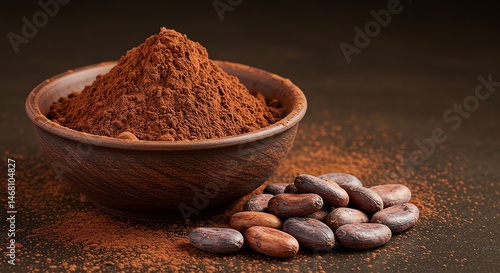 Cocoa Powder with Beans on Dark Surface