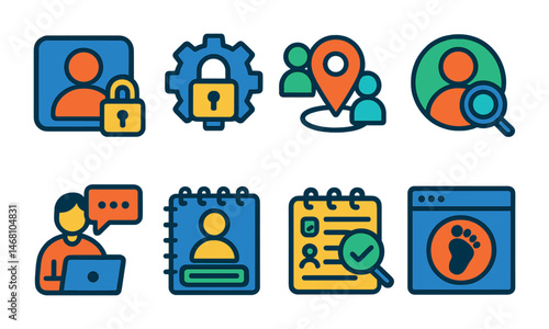 Flat vector icons of social media privacy practices: setting private accounts badge, customizing audience settings badge, limiting location sharing badge, reviewing profile information badge,