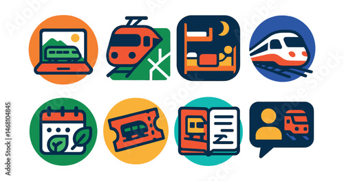 Flat vector icons of train travel instead of flying: booking scenic train rides badge, exploring regional rail routes badge, sleeping in train cabins badge, traveling across countries by train badge,