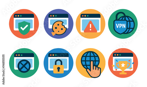 Flat vector icons of practicing safe browsing habits: enabling browser security settings badge, clearing cookies regularly badge, avoiding suspicious sites badge, using secure VPNs badge, disabling