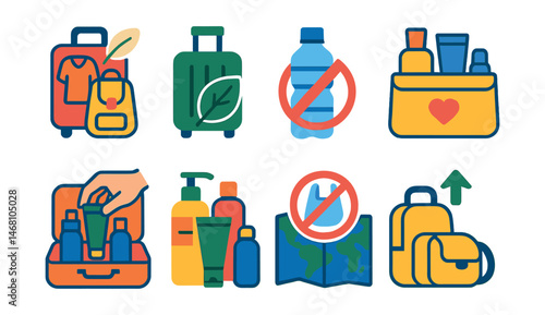 Flat vector icons of mindful packing for travel: packing light essentials badge, using eco luggage badge, avoiding single-use travel products badge, preparing sustainable travel kits badge,