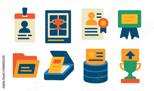 Flat vector icons of exhibition archival tasks: documentation photo badge, catalog layout grid trophy, artist statement file medal, exhibit label archive ribbon, press release folder icon, exhibit
