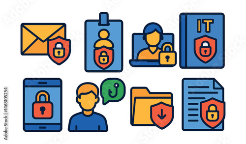 Flat vector icons of workplace cybersecurity: secure work email practices, corporate VPN access badge, secure remote work setup, IT department cybersecurity guide, device encryption for business,