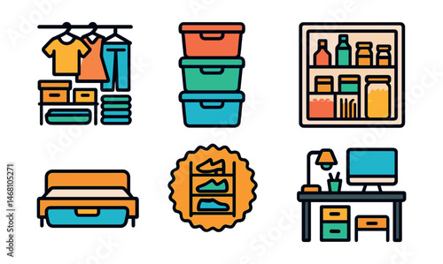 Flat vector icons of organizing home space: closet organization chart, labeled storage bins, kitchen pantry setup, drawer dividers, under-bed storage solutions, shoe rack badge, bathroom organizers