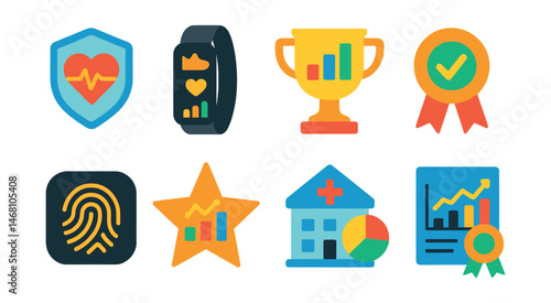 Flat vector icons of health data analytics: patient health metrics badge, fitness tracker dashboard medal, health improvement progress chart trophy, wellness program results ribbon, biometric data