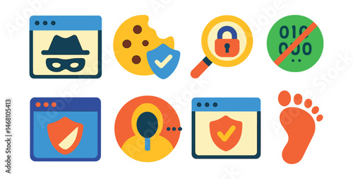 Flat vector icons of internet privacy basics: anonymous browsing icon, cookie preferences management badge, private search engine use, minimal data tracking symbol, tracker blocker extension badge,