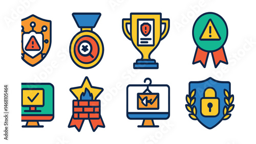 Flat vector icons of cybersecurity analytics: network threat monitoring badge, vulnerability scanning dashboard medal, cybersecurity incident report trophy, risk assessment analysis ribbon, system