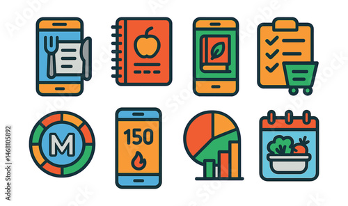 Flat vector icons of nutrition and diet apps: meal logging app, food diary tracker, healthy recipe finder, grocery list planner, macro tracking badge, calorie counting app, nutrient intake chart,