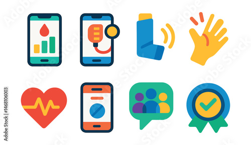 Flat vector icons of chronic disease management apps: diabetes blood sugar log, hypertension tracker app, asthma symptom diary, arthritis pain management guide, heart health monitor, medication