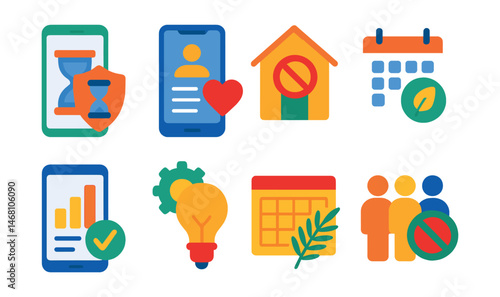 Flat vector icons of mindful tech usage: setting screen time boundaries badge, practicing conscious social media use badge, building tech-free zones badge, scheduling digital detox days badge,