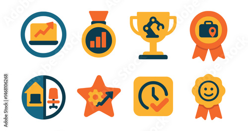 Flat vector icons of labor market forecasts: remote work adoption trend badge, freelance economy growth medal, workforce automation forecast trophy, gig economy expansion ribbon, hybrid work model