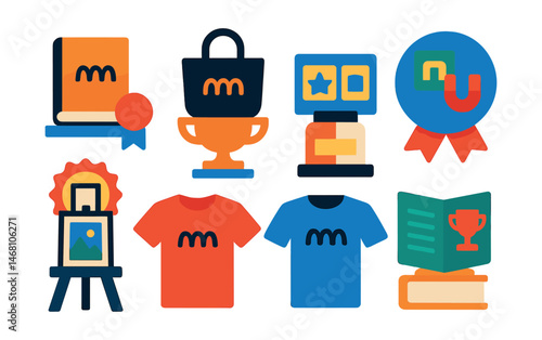 Flat vector icons of museum merchandise: exhibition catalog shelf badge, branded tote bag trophy, souvenir magnets medal, artist print stand ribbon, museum logo t-shirt icon, postcard set display