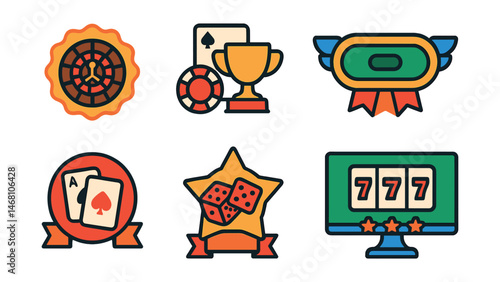 Flat vector icons of casino betting: roulette wheel bet badge, blackjack chips trophy, slot machine bet medal, poker table betting ribbon, baccarat card game betting badge, craps dice game star,