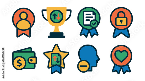 Flat vector icons of betting account management: user account profile badge, deposit and withdrawal tracker trophy, betting history log medal, secure login authentication ribbon, wallet balance