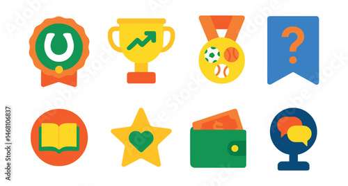 Flat vector icons of betting tips and guides: beginner’s betting tips badge, advanced betting strategy trophy, sports odds explanation medal, how-to-bet tutorials ribbon, betting glossary terms badge
