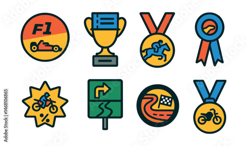 Flat vector icons of racing betting categories: Formula 1 race odds badge, NASCAR betting slip trophy, horse race betting ticket medal, dog race betting ribbon, motocross race betting odds star,